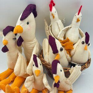 Farmhouse Muslin Chicken Set Shelf Sitters Stuffed Hen Decor in Basket BUNDLE